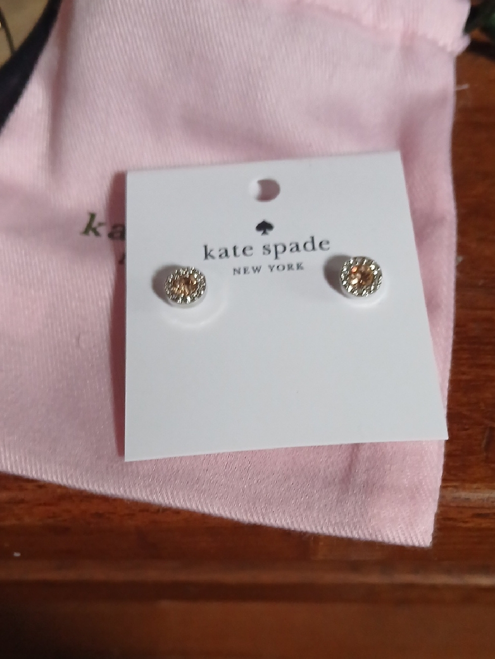 kate spade Gold Tone Crystal Halo Stud Earrings with Pink Pouch